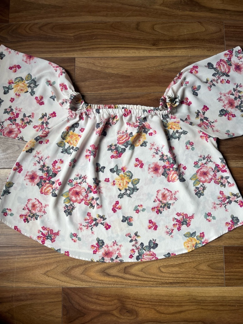 Eclipse Cream Off-Shoulder Floral Tunic Pink & Yellow Blooms Crop Top Summer